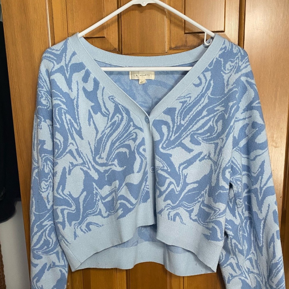 V Neck Blue Swirl Sweater, La Hearts Brand (from pacsun), Size L, Cropped fit